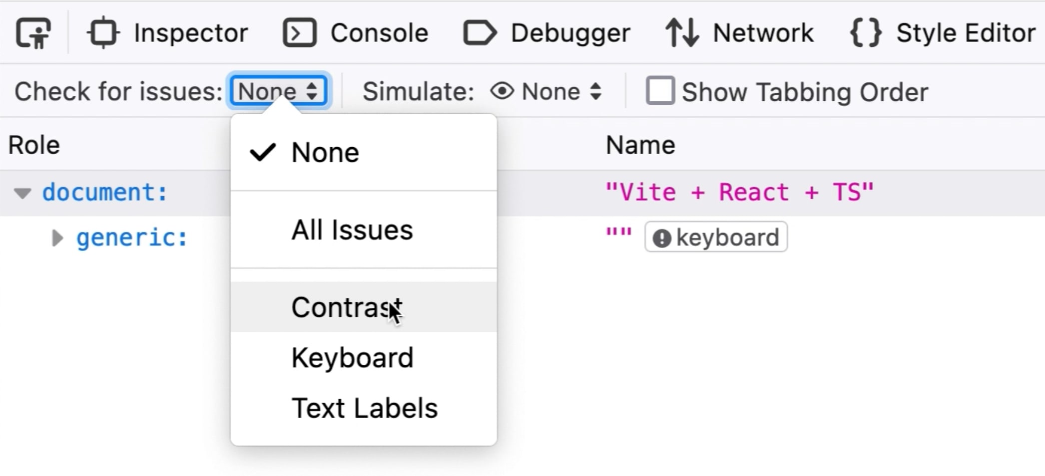 A screenshot of Firefox browser dev tool accessibility panel